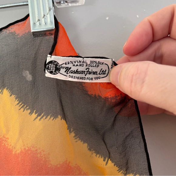 Vintage Nasharr Frieres Rectangle Scarf Sheer Black Orange Yellow Silk Vinyl - Picture 5 of 6